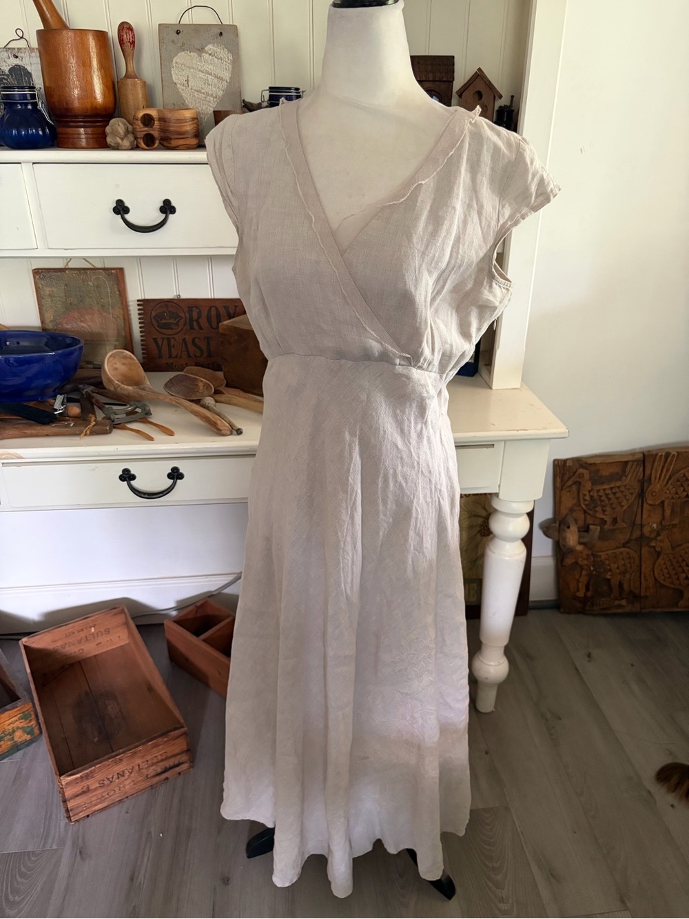 Charlie’s Court Light Beige V-Neck Linen Midi Dress